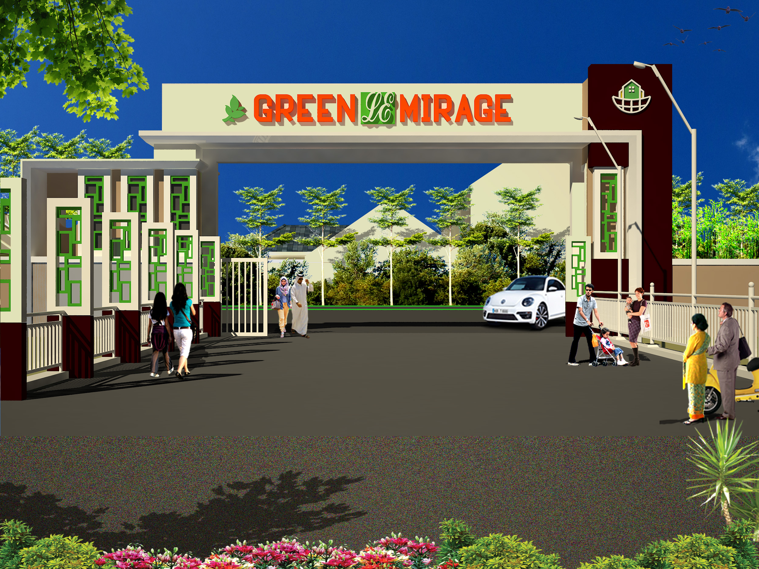 Bird's-eye view of a modern stylish housing community with green landscaping and cars parked on the street