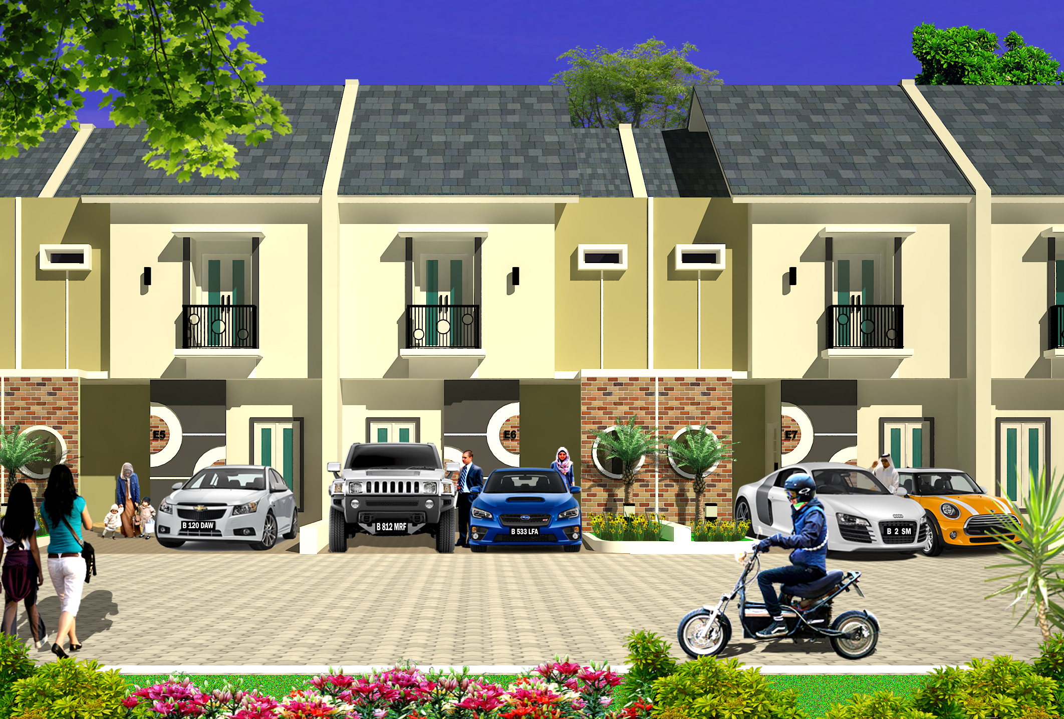 Bird's-eye view of a modern stylish housing community with green landscaping and cars parked on the street