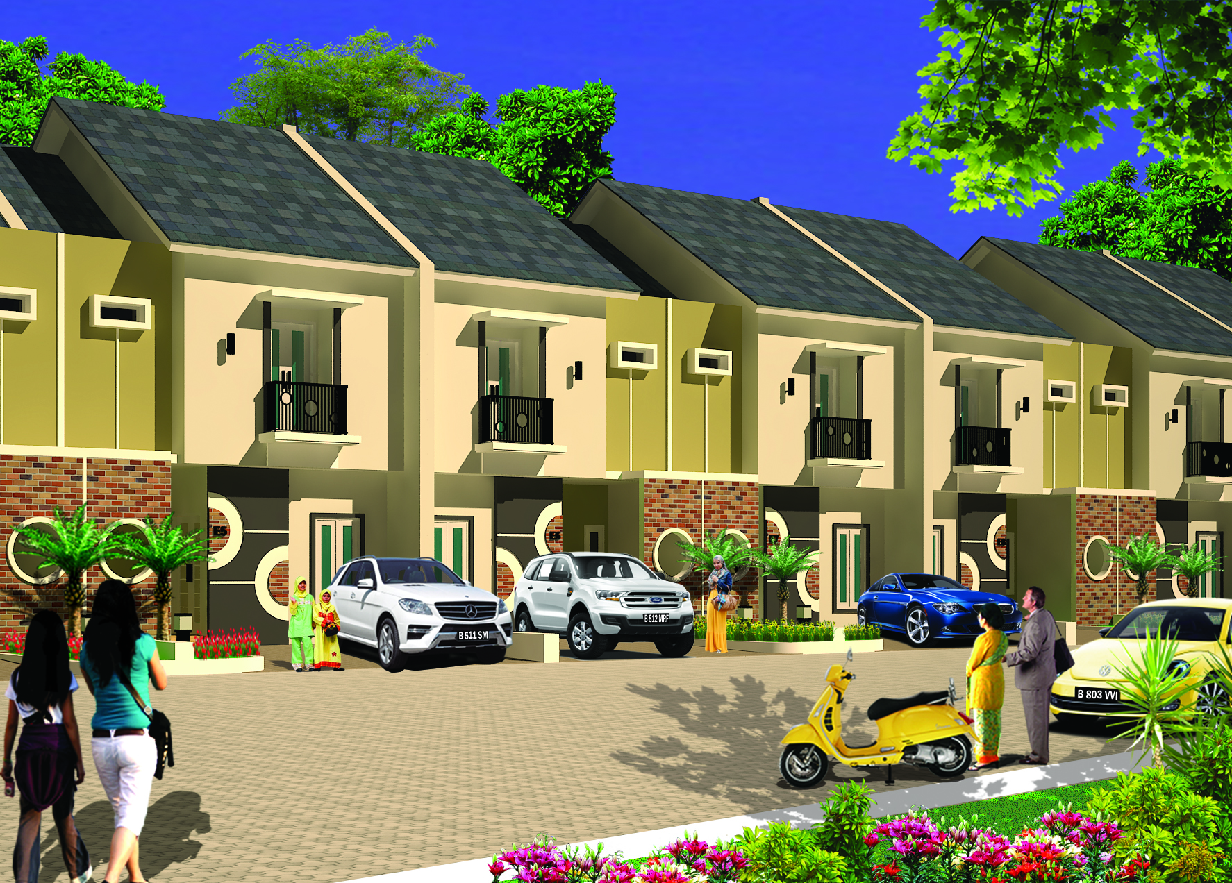 Bird's-eye view of a modern stylish housing community with green landscaping and cars parked on the street