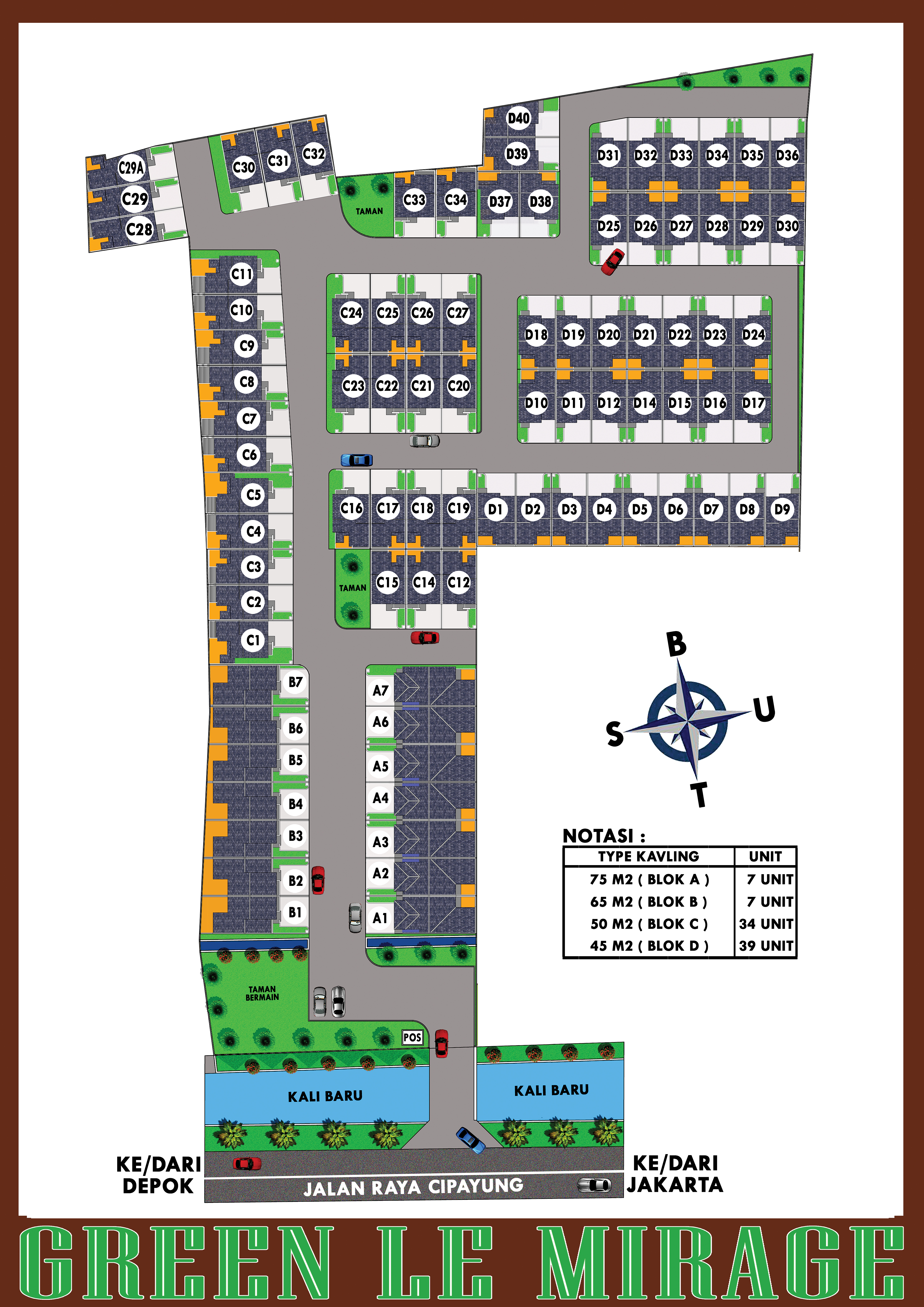 Bird's-eye view of a modern stylish housing community with green landscaping and cars parked on the street