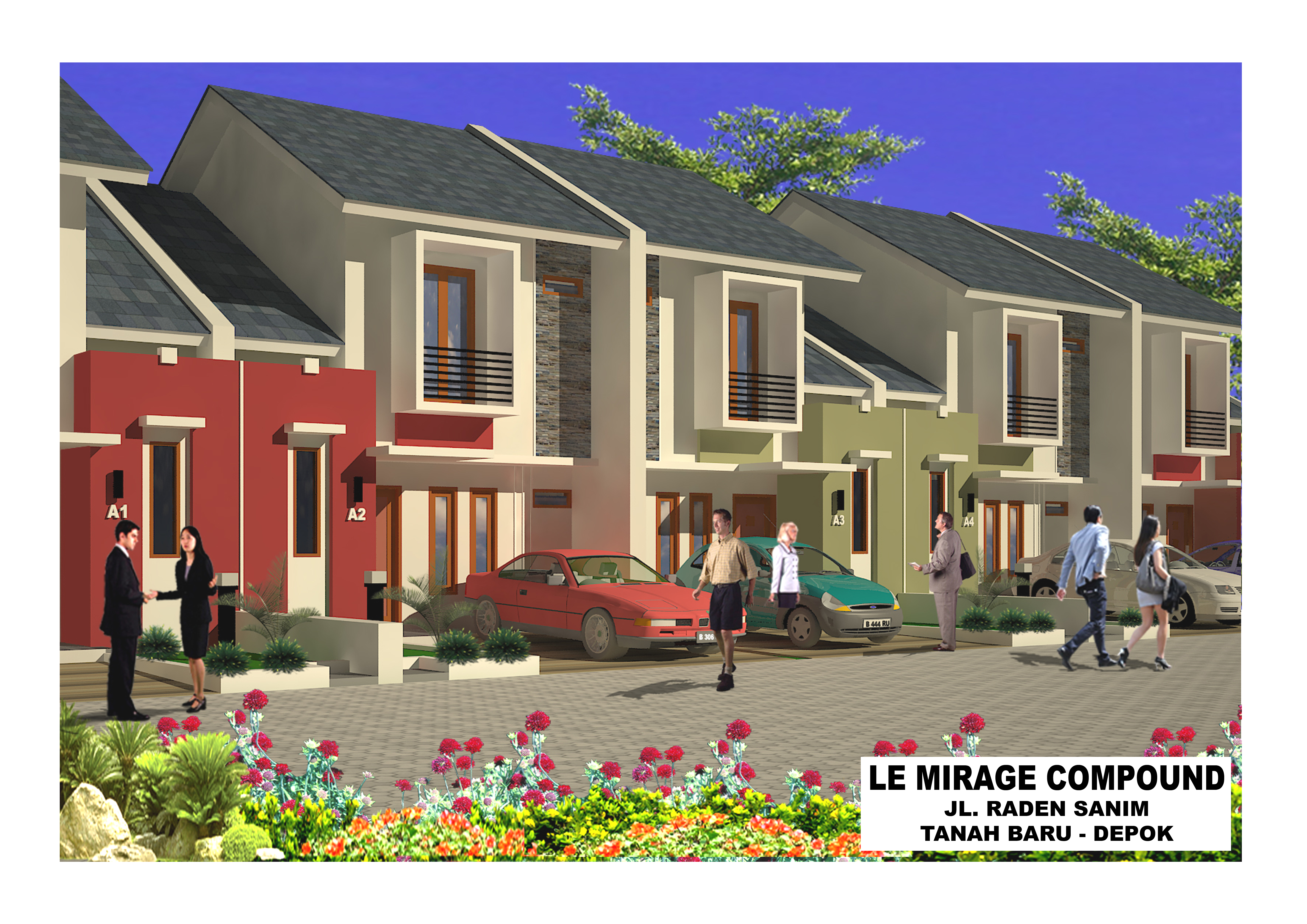 Bird's-eye view of a modern stylish housing community with green landscaping and cars parked on the street