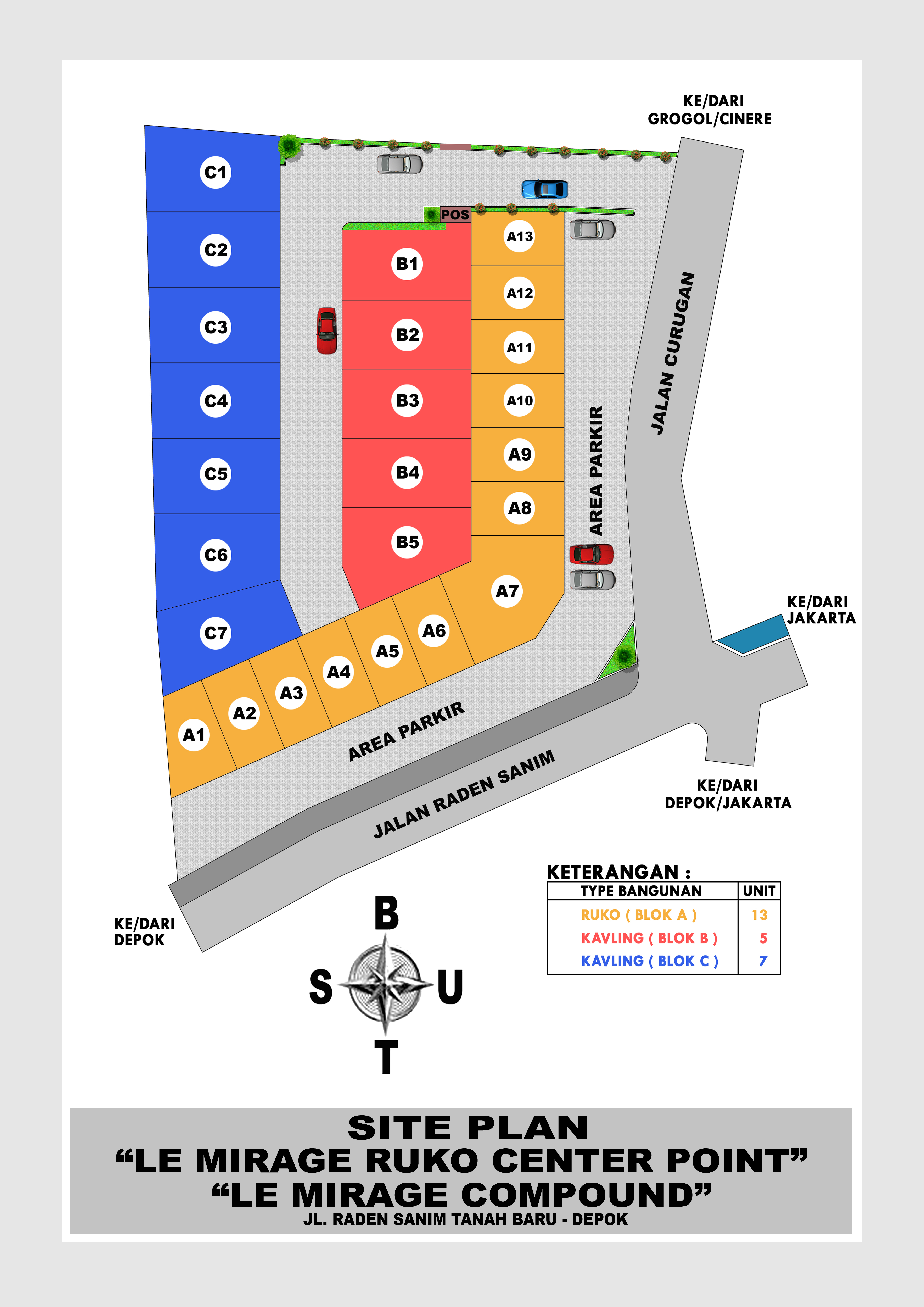 Bird's-eye view of a modern stylish housing community with green landscaping and cars parked on the street