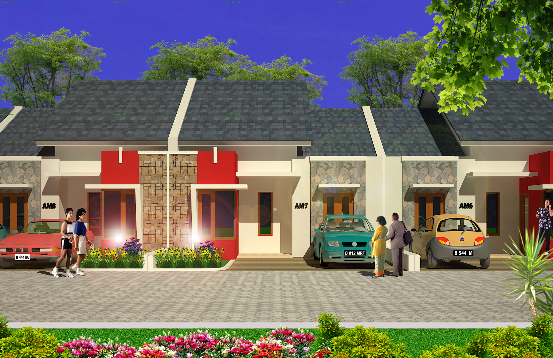 Bird's-eye view of a modern stylish housing community with green landscaping and cars parked on the street