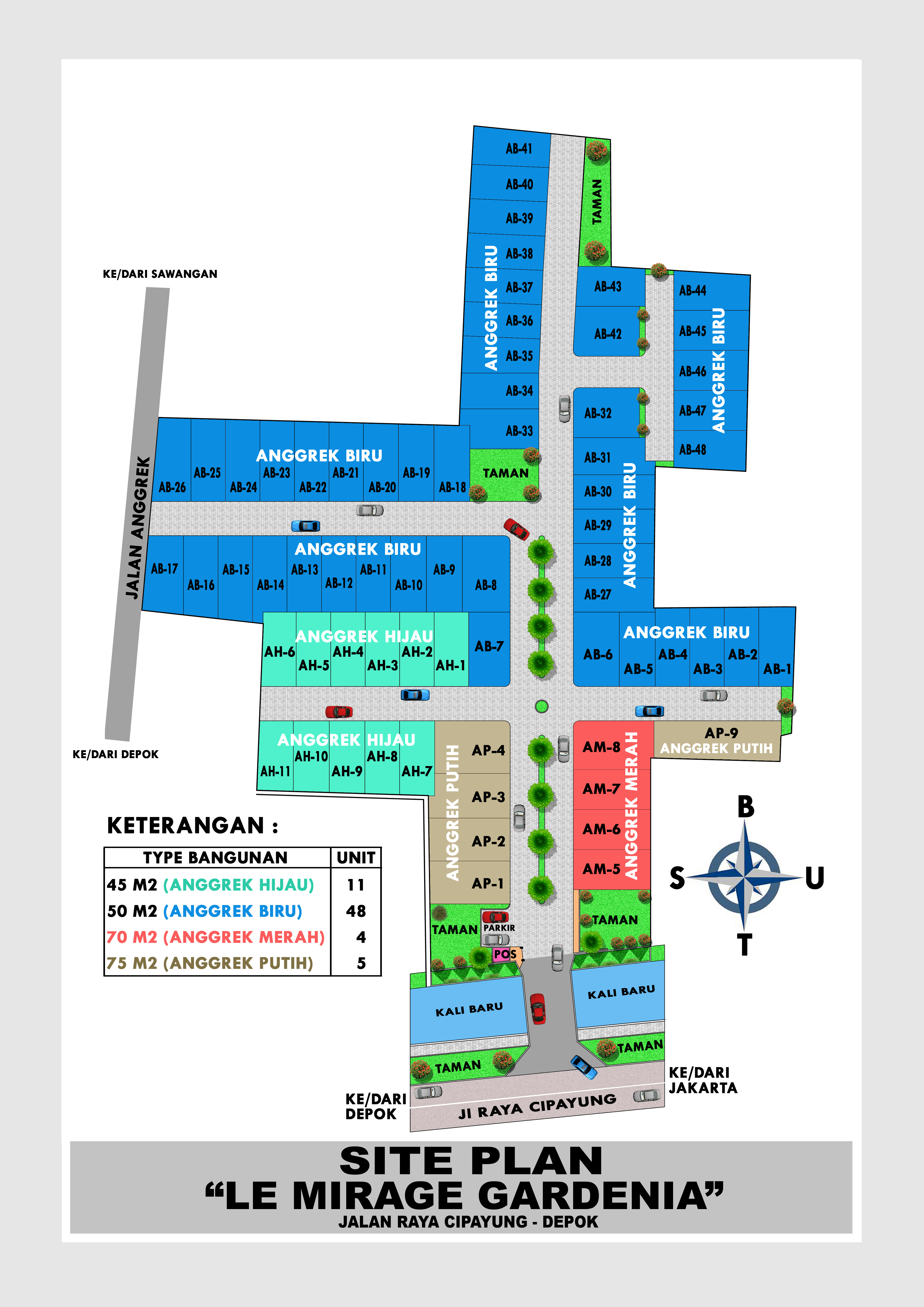 Bird's-eye view of a modern stylish housing community with green landscaping and cars parked on the street