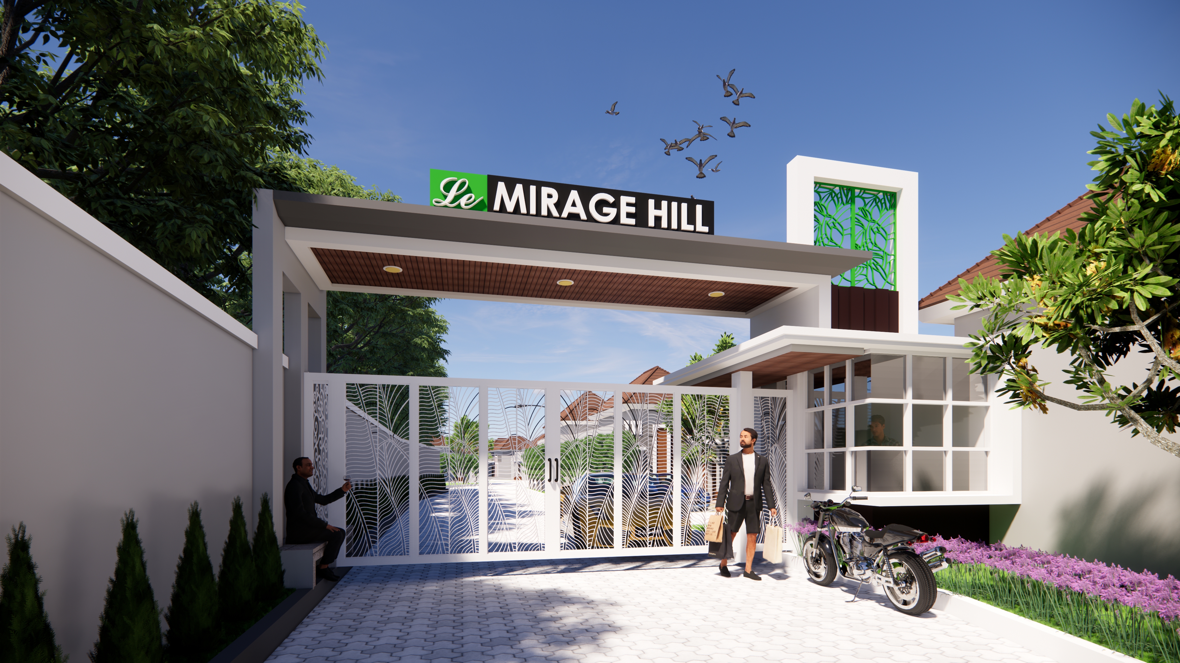 Bird's-eye view of a modern stylish housing community with green landscaping and cars parked on the street