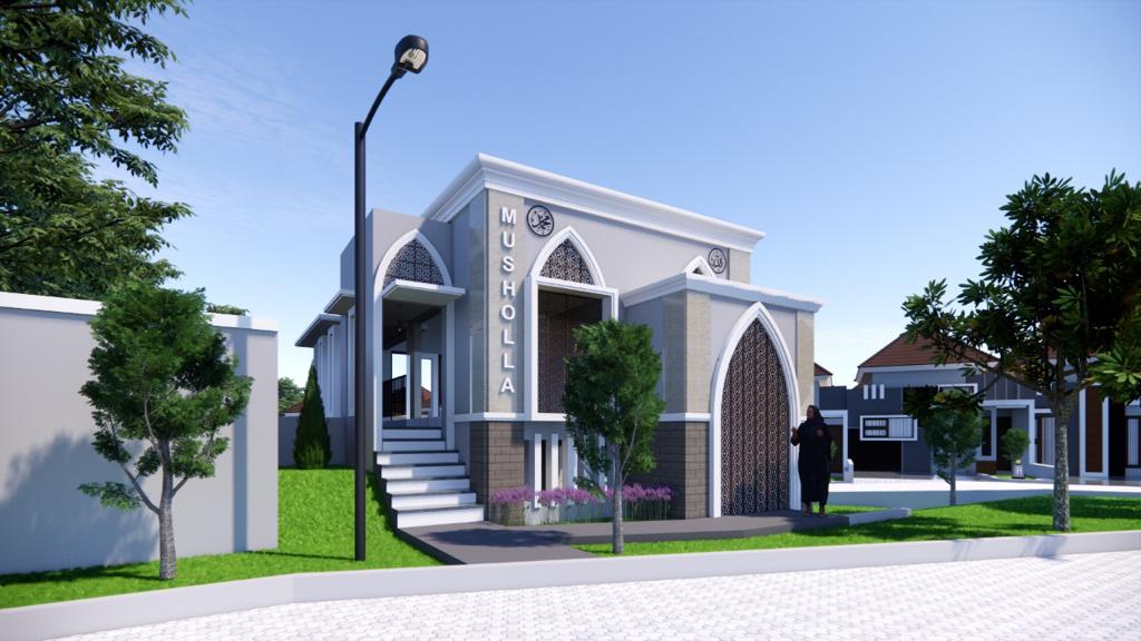 Bird's-eye view of a modern stylish housing community with green landscaping and cars parked on the street