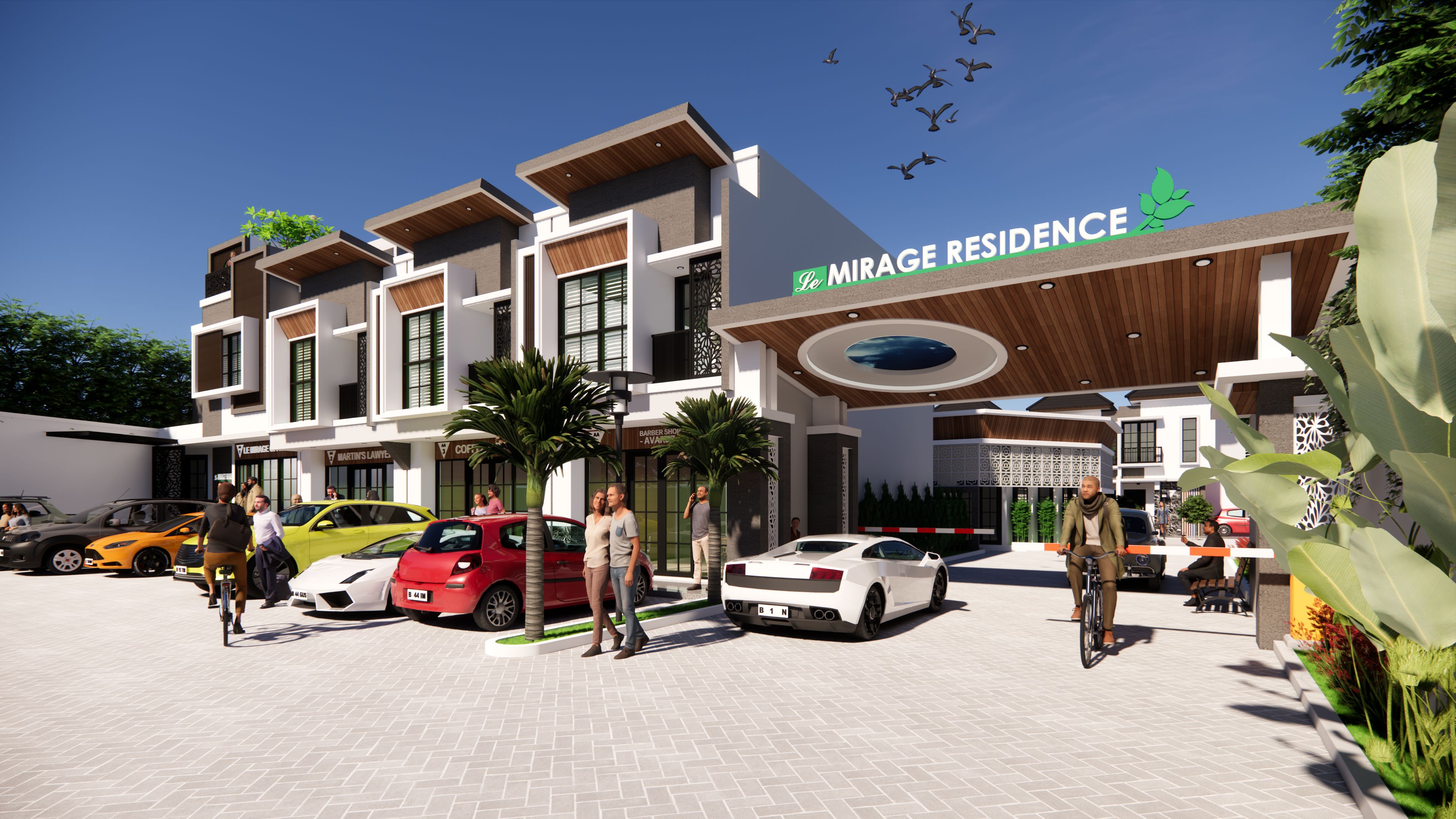 Bird's-eye view of a modern stylish housing community with green landscaping and cars parked on the street