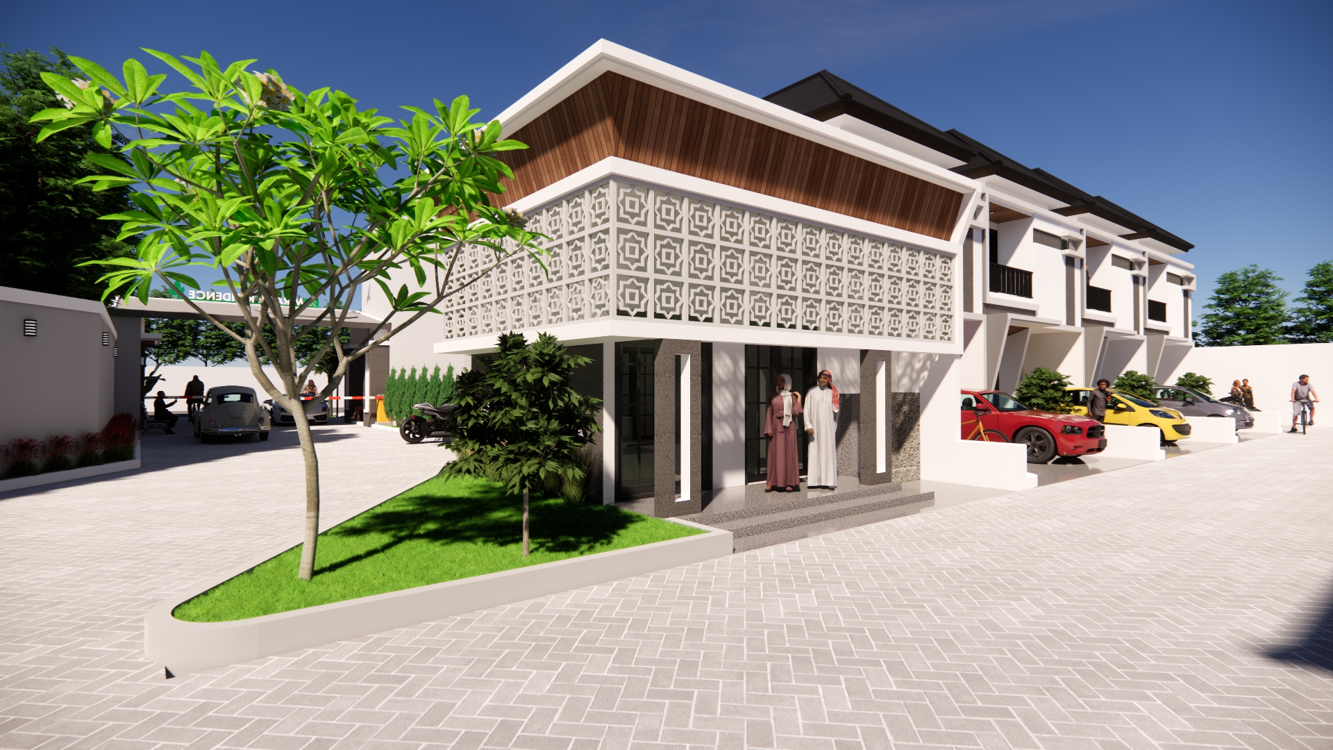 Bird's-eye view of a modern stylish housing community with green landscaping and cars parked on the street