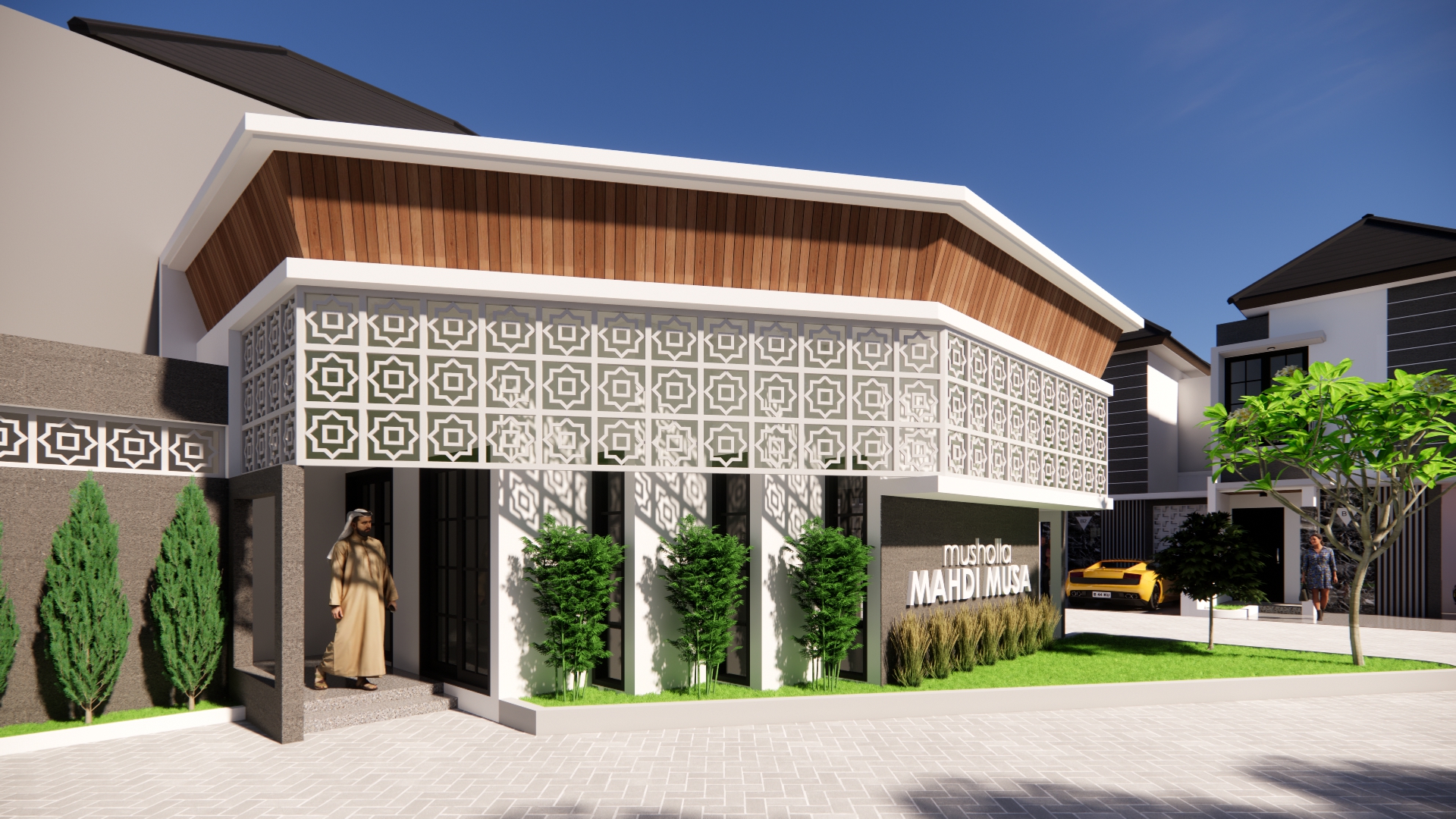 Bird's-eye view of a modern stylish housing community with green landscaping and cars parked on the street