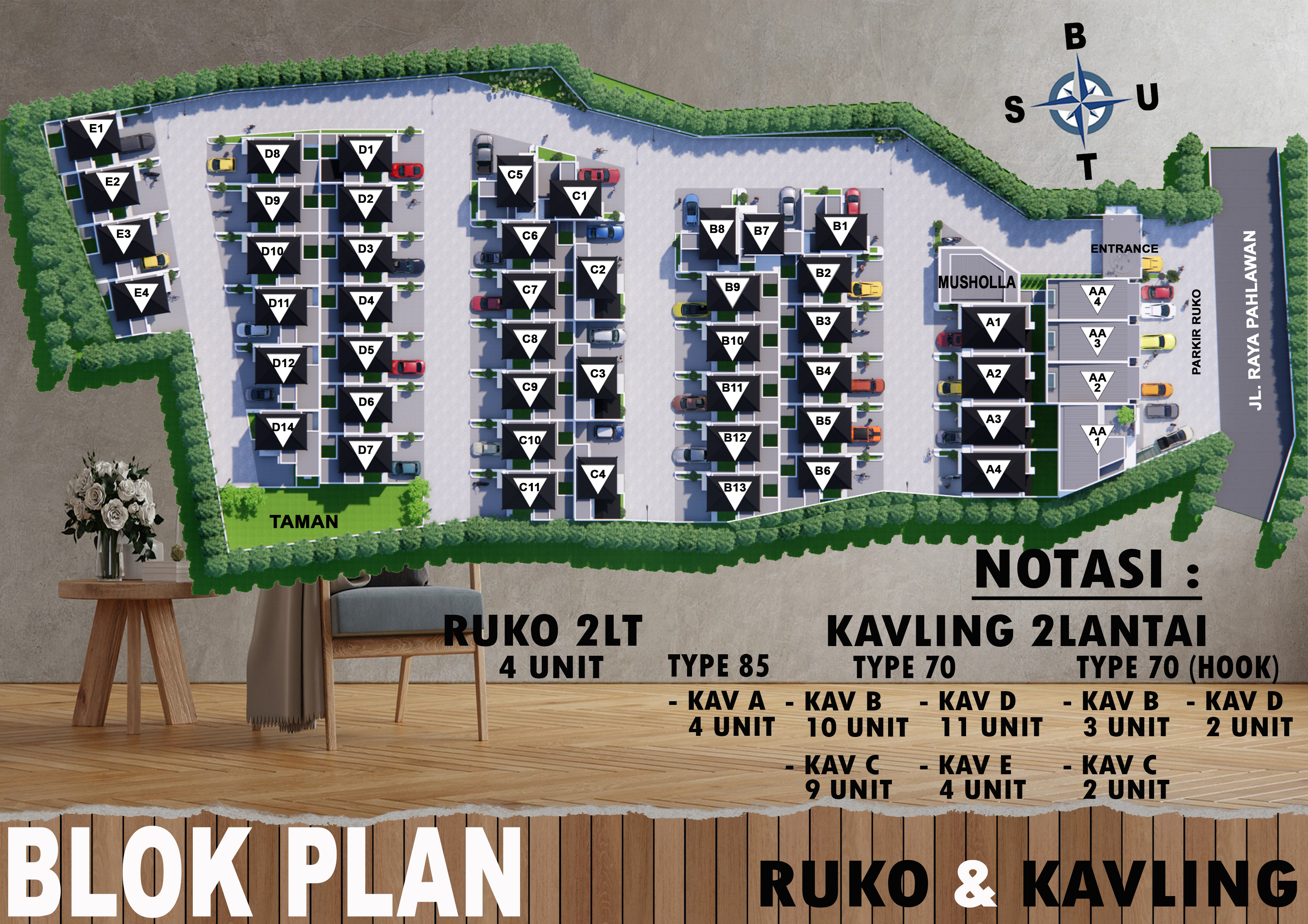 Bird's-eye view of a modern stylish housing community with green landscaping and cars parked on the street