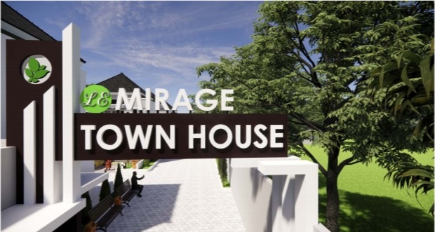 Bird's-eye view of a modern stylish housing community with green landscaping and cars parked on the street