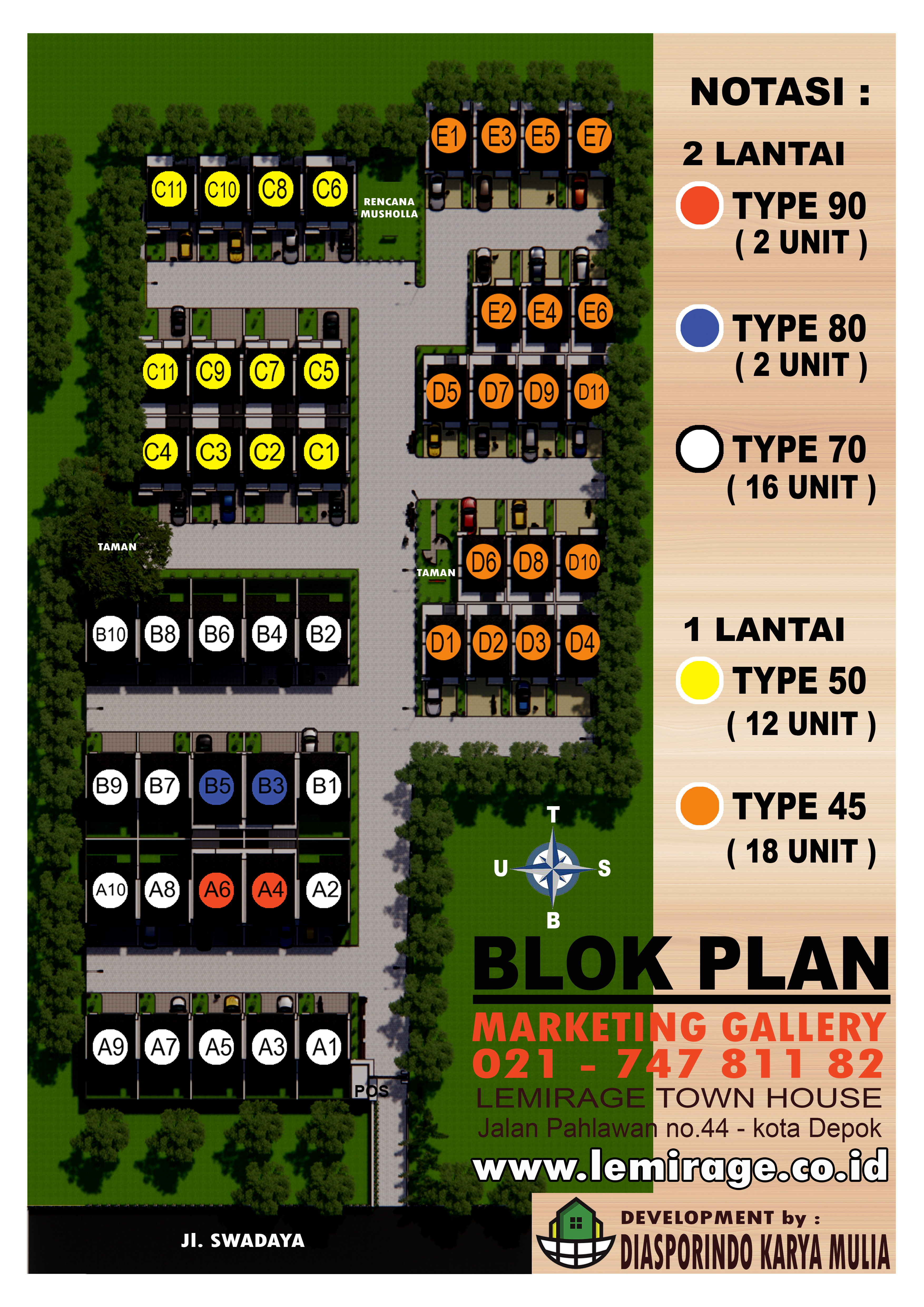 Bird's-eye view of a modern stylish housing community with green landscaping and cars parked on the street