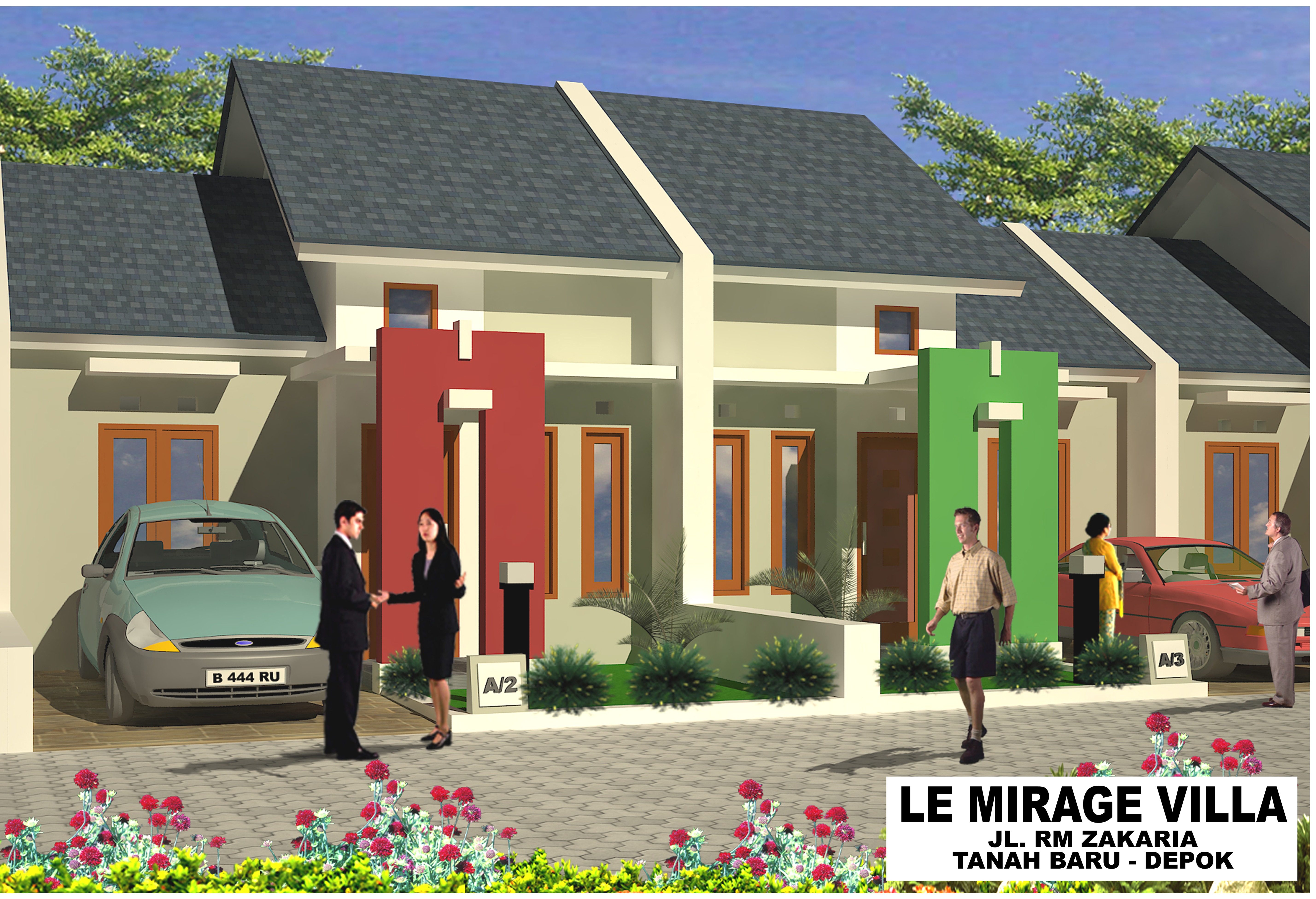 Bird's-eye view of a modern stylish housing community with green landscaping and cars parked on the street