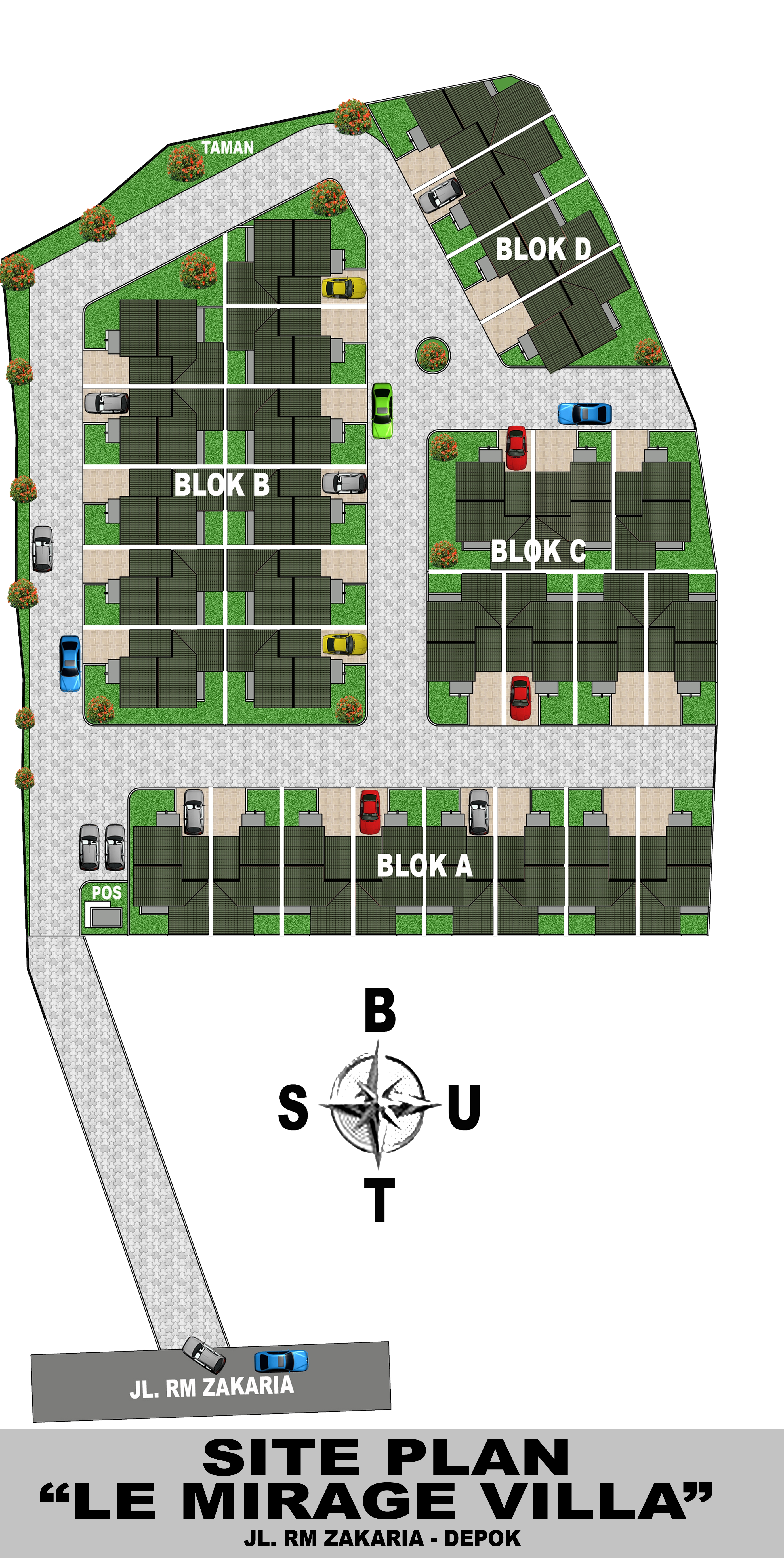 Bird's-eye view of a modern stylish housing community with green landscaping and cars parked on the street